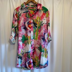 Soft Surroundings Arts Watercolor Bamboo Palm Button Up Shirt in Size XS
